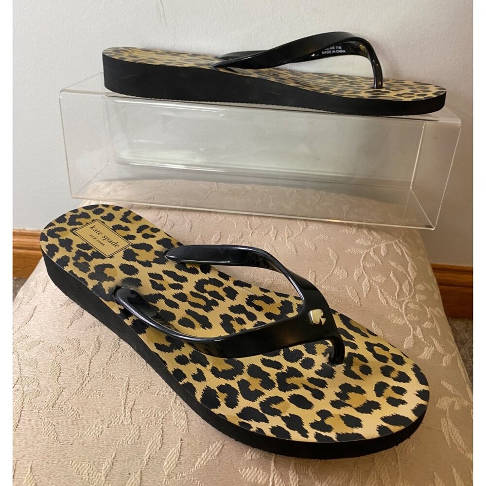 Kate Spade New York Leopard Print Flip Flops Black Straps & Heart Accent Size 11 - Picture 5 of 9